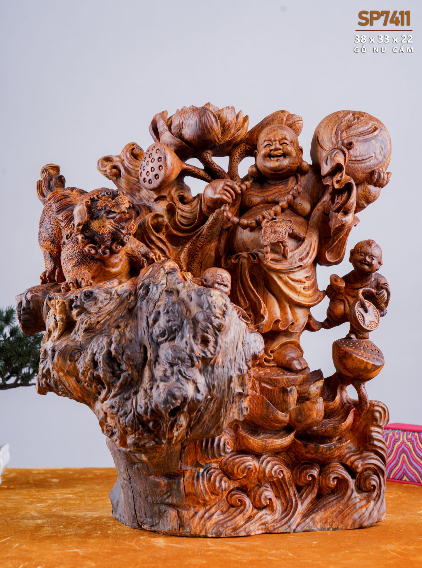 Đồ gỗ đẹp Liên Hà-Tượng Phật Di Lặc Nhị phúc gỗ nu cẩm