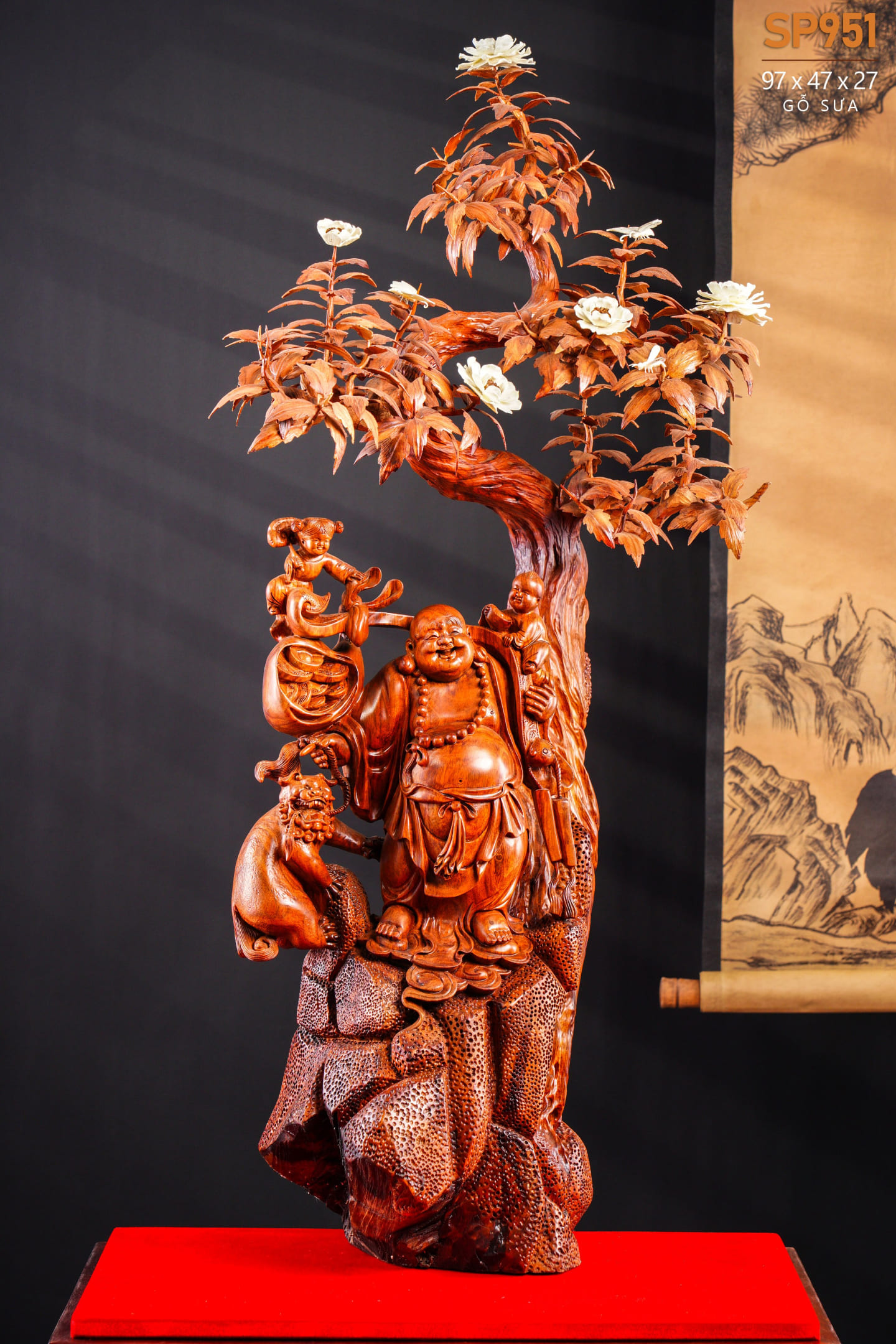 Đồ gỗ đẹp Liên Hà-Tượng phật Di lặc Nhị phúc thuần nghê gỗ tùng sưa